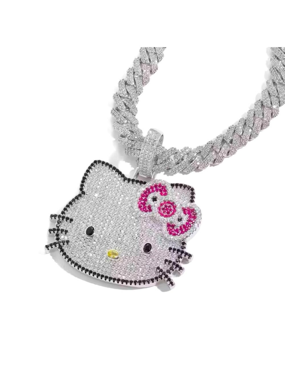 Iced Out Hello Kitty Bling Rhinestone Cuban Link Chain Silver